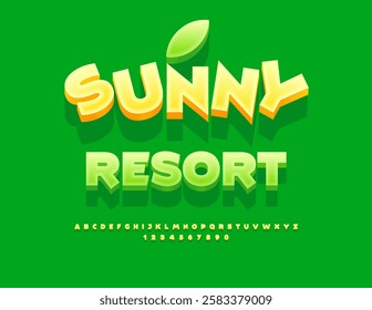 Vector Summer template Sunny Resort. Fashion Yellow Font. Funny Isometric Alphabet Letters and Numbers set.