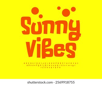 Vector summer template Sunny Vibes. Comic style Font. Playful Red Alphabet Letters and Numbers.