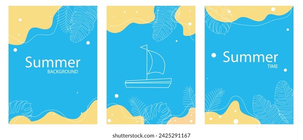 Vector summer templates for cards and posters with beach, ocean, blue sky and boat. Sea concept.