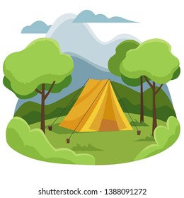 Vector summer tent with trees and landscapes on the background. Camping. Tourism. Travel. Nature. Mountains and clouds. Flat design. Creative illustration. 