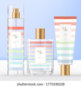 Vector Summer Theme Toiletries, Beauty or Fragrance Set with Perfume Bottle, Body or Facial Mist Spray Bottle & Hand Cream Tube Packaging with Rainbow Stripe Pattern Design.