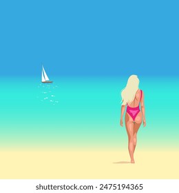 Vector summer time banner with beautiful girl in bikini on the ocean coast. Travel and vacation illustration