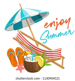 Vector summer time banner. Concept for holiday with umbrella, beach chair, pina colada cocktail and flip flops. Illustration in cartoon style.