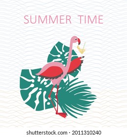 Vector of summer time banner with flamingo and tropical leaves.Cocktail party 