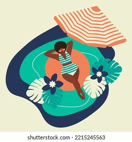 Vector summer time card with pin up black girl in swimsuit and sunglasses relaxing near pool. Vocation vibe, sun umbrella, floral background.Cartoon characters in flat style.Vector top view. 