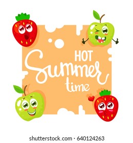 Vector summer time with funny and happy apple and strawberry. Text hot summer time. Vector illustration isolated on white background