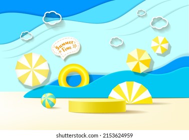 Vector summer time Holiday background. beach ball, modern minimalist mock up, Design template for podium display or showcase
