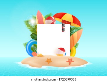 Vector Summer Time Holiday free frame illustration on vintage white background. Vector template. Tropical plants, flower, beach ball landscape. Design template for banner, flyer