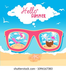 Vector Summer Time Holiday illustration background. Tropical plants, beach ball and sunshade.