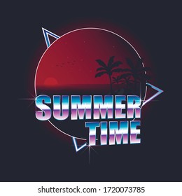 Vector Summer Time Holiday Illustration. Summer time logo with the image of palm trees, red sunset for brochures, banners, flyers and invitations. Time to Travel Tourism Poster.