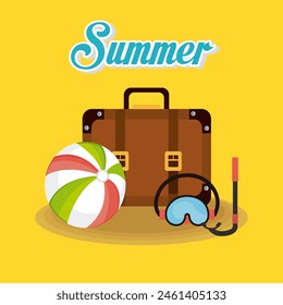 Vector Summer Time Holiday. Suitcase, ball, diving mask. Vacation set
