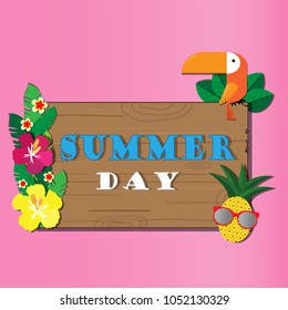 Vector Summer Time Holiday typographic illustration on vintage wood background.