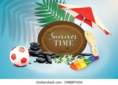 Vektor Summer Time Holiday typografische Illustration auf Vintage-Holzhintergrund. Tropische Pflanzen, Blumen, Beach-Ball und Sonnenschirme. EPS10-Design.