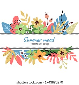 Vector summer time illustration of beautiful floral color composition frame of blossom flower and leaf on white background with text space. Flat line art style template flower design for sale banner