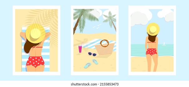 Vector Summer Time Illustration Card With Pin Up Girl In Hat Relaxing On The Beach With Palm Trees. Retro Posters Set.