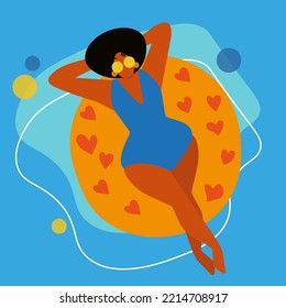 Vector summer time illustration card with pin up black girl relaxing in the pool. Vocation vibe.Cartoon characters in flat style.Vector top view. 