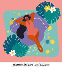 Vector summer time illustration card with pin up black girl relaxing in the pool. Vocation vibe.Cartoon characters in flat style.Vector top view. 