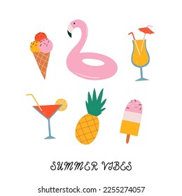 Vector summer time illustration card with pineapple, ice cream, flamingo inflatable swimming pool ring,  cocktails and lettering Summer Vibes. Summer vacation concept. Summer party. Good for posters