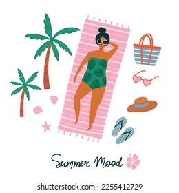 Vector summer time illustration card with sunbathing young women, palm trees, flip-flops, sunglasses, hat, beach bag and lettering Summer Mood. Summer vacation concept.  Flat cartoon illustration
