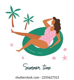 Vector summer time illustration card with sunbathing young woman swims on inflatable circle, palm trees, seashells and lettering Summer Time. Summer vacation concept.  Flat cartoon illustration