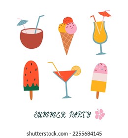 Vector summer time illustration card with ice cream, coconut,  cocktails and lettering Summer Party. Summer vacation concept. Good for posters