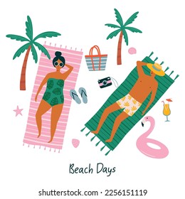 Vector summer time illustration card with sunbathing young woman, man palm trees, flip-flops, sunglasses, hat, beach bag and lettering Beach days. Summer vacation concept.  Flat cartoon illustration