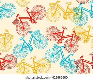 Vector summer time illustration seamless pattern of retro red, blue color bicycle with basket on yellow background. Thin line art flat design of vintage bicycle, riding on the bicycle, cycling theme