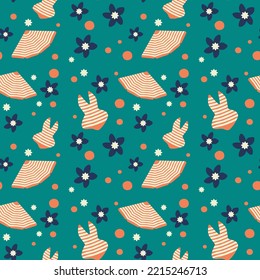 Vector summer time illustration. Vintage card about tanning and relaxing near beach or pool. Vocation time vibe.Cartoon characters in flat style. Cute happy holiday floral seamless pattern.