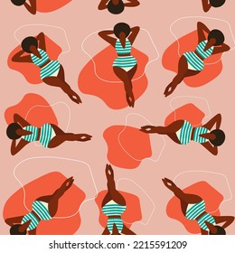 Vector summer time illustration. Vintage card black woman tanning and relaxing near beach or pool. Vocation time vibe.Cartoon characters in flat style. Cute happy holiday seamless pattern. Wallpaper.