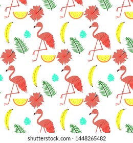 Vector summer time pattern (fruits, flamingo and flowers)