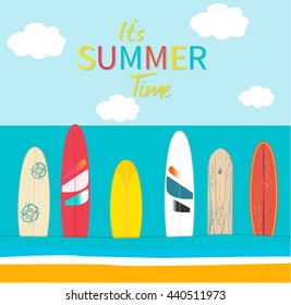 Vector Summer Time poster background. Sea, wind surfing boards, clouds. Vector illustration