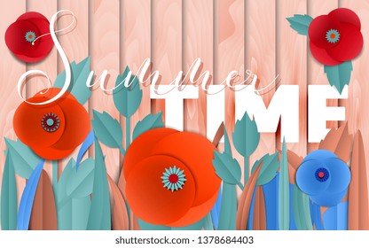 Vector Summer time poster by cut paper poppies