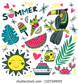 Vector summer time set in ethnic colorful tropical boho style. Can be used as sticker, design element, emoticons, printed