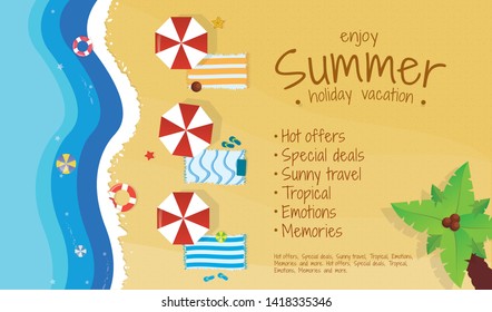 Vector summer top view beach with waves, umbrellas, beach towels, palm trees, starfish, sandals, beach balls and sand texture effect. Waves in different colors and with room for text.