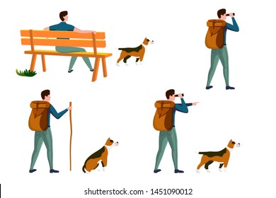 Vector summer travel activities set - man on a bench with dog, with backpack travel and walking. Isolated on white background.