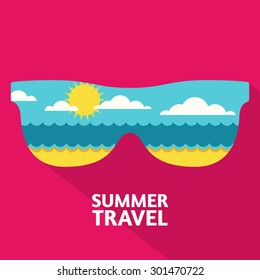 Vector summer travel colorful abstract background with place for text. Blue sea, sun, clouds and sand beach in sunglasses shape. Flat design illustration.
