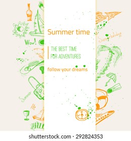 Vector summer travel doodle banner with boat, plain, umbrella. EPS10.