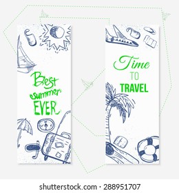 Vector summer travel doodle banners with boat, plain, umbrella. EPS10.