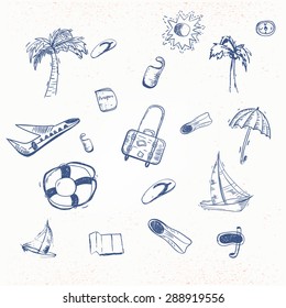 Vector summer travel doodle with boat, plain, umbrella. EPS10.
