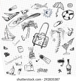 Vector summer travel doodle with boat, plain, umbrella. EPS10