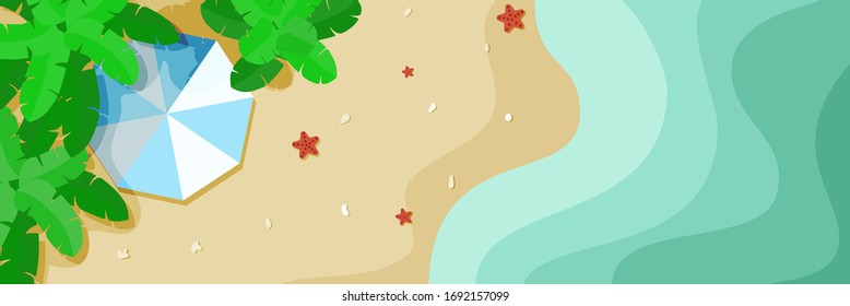 Vector summer travel horizontal banner with beach umbrella waves. Top view illustration