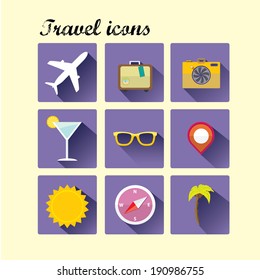 Vector summer travel icons. Flat design trend. Retro color.