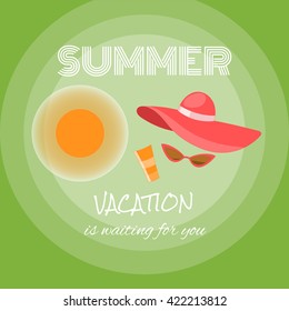 Vector summer travel illustration with hat, sunglasses and sun cream. Vacation background. Summer poster or banner for advertising or your design