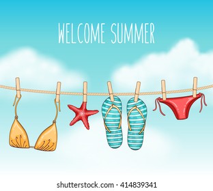 Vector summer travel illustration with swimsuit and flip flops hanging on a clothesline on blue cloudy sky background 