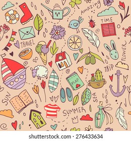 Vector summer travel pattern with cute adventure elements like ship, flowers, sheep, book, houses, food