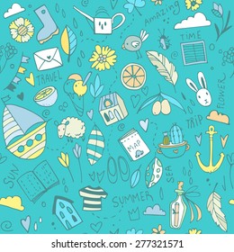 Vector summer travel pattern with cute adventure elements like ship, flowers, sheep, book, houses, food