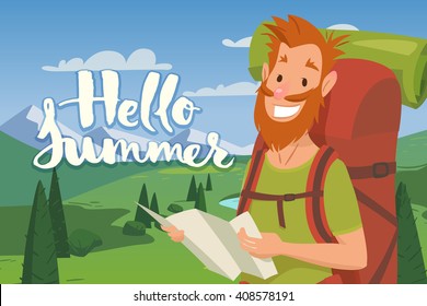 Vector summer travel poster. Cute tourist character holding a map.  Hello summer lettering