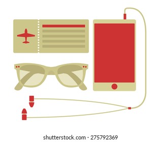 Vector summer travel set of smart phone, airplane ticket, and sunglasses in hipster style 