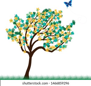 Vector summer tree with butterfly and grass