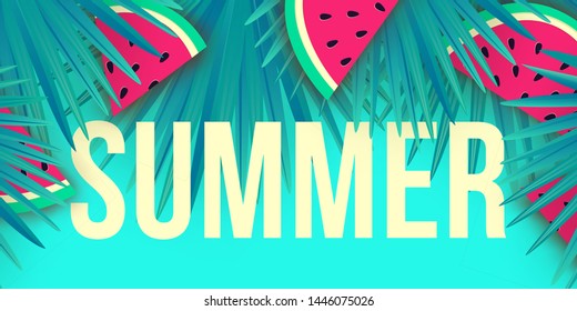 Vector Summer trendy banner. Modern colorful background with tropical palm leaves and and watermelon slices